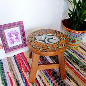 Handcrafted Wooden Sleeping Cat Stool