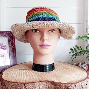 Hand-Knitted Hemp and Cotton Festival Rainbow Hat
