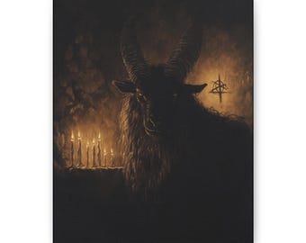 バフォメットの絵画 キャンバス張り、角のある神、アレイスター・クロウリー、セレマ、ダークアカデミア、悪魔のヤギ、オカルトホームデコレーション、ダークアートプリント、