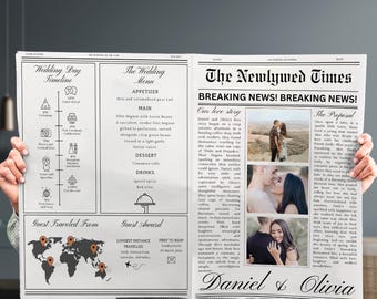 Newspaper Wedding Program Template, Newlywed Times Newspaper, Wedding Newspaper Canva Edit, Unique Wedding Program, Newlywed Post Template