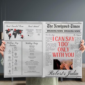 Pode incluir: Um anúncio de casamento no estilo de um jornal com o título "The Newlywed Times" e o texto "Eu posso dizer 'sim' apenas com você." O anúncio inclui uma foto de um casal de mãos dadas, com um anel no dedo da mulher. O texto "Robert & Julia" está impresso na parte inferior do anúncio.