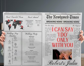 Szablon Newlywed Times do wydrukowania do pobrania, program ślubu w gazecie do edycji, unikalny harmonogram ślubu w gazecie, plan dnia ślubu