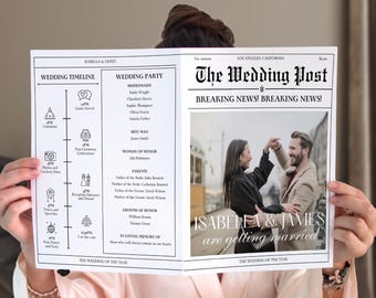 Gazeta ślubna 4 strony, szablon Canva Gazeta ślubna Edytuj, składany program ceremonii ślubnej, spersonalizowana gazeta z ogłoszeniem ślubnym