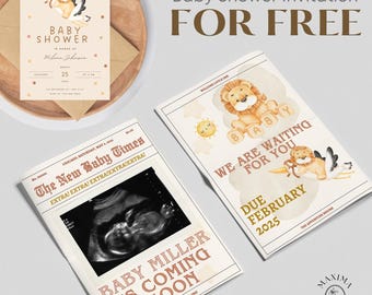 Ogłoszenie o dziecku w gazecie, ogłoszenie o ciąży w gazecie, ogłoszenie o ciąży w drodze dla dziecka, szablon niestandardowej gazety na baby shower