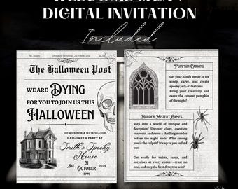 Pakiet na imprezę Halloween do wydrukowania, zaproszenie na imprezę Halloween do edycji cyfrowej do wydrukowania, dekoracja gazety do pobrania, upiorna dekoracja DIY