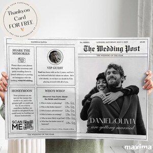 May include: A black and white wedding announcement in the style of a newspaper. The headline reads "The Wedding Post" with the subheading "The Wedding of the Year". The announcement features a photo of a couple embracing, with the names "Daniel & Olivia" and the text "are getting married".