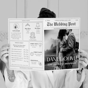 May include: A black and white newspaper announcement for a wedding. The headline reads "Daniel & Olivia are getting married." The newspaper is titled "The Wedding Post" and includes details about the couple, including their first date, proposal, and wedding date.