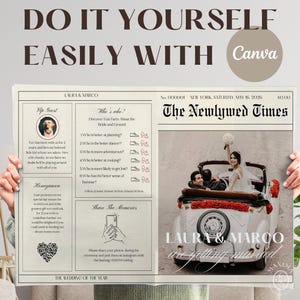 May include: A mock newspaper announcement for a wedding with the headline "The Newlywed Times". The announcement features a photo of the couple in a white convertible car with red flowers. The text "Laura & Marco are getting married" is written in a decorative font.