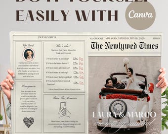 Szablon programu ślubnego w gazecie, harmonogram ceremonii w gazecie infograficznej, składany, drukowany program ślubnej gazety Canva