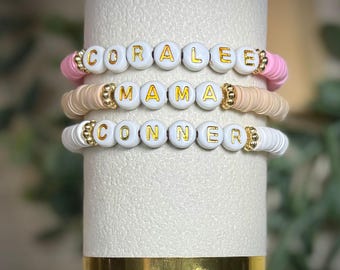 Custom Name Clay Bead Bracelet | Personalized Gift | Mama, Kids Name, or Word | Gold or Black Letter Beads | Handmade Jewelry