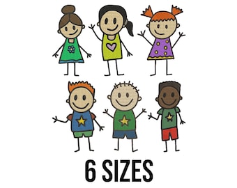 以下が含まれることがあります： 6人の笑顔の棒人間、3人の女の子と3人の男の子のデジタルイラスト。それぞれユニークな髪型と服を着ています。女の子は緑、黄色、紫のドレスを着ています。男の子は青、緑、赤のシャツを着ています。「6 SIZES」の文字が下にあります。