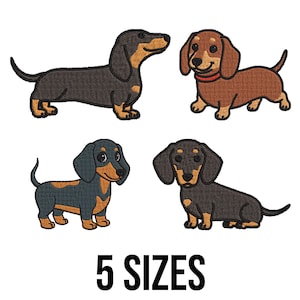 May include: Four embroidered dachshund dog designs in different colours and poses, including black, brown, and tan. The text "5 SIZES" is displayed in a bold, black font below the dogs, indicating size options.