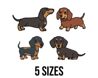 Diseño de bordado de perro salchicha sonriente - Diseño de bordado de animales domésticos - Archivos de diseño de bordado a máquina para amantes de los perros - 5 tamaños
