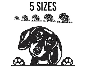 Diseño de bordado de perro salchicha asomando - Archivos de bordado de perro salchicha asomando - Bordado de perro asomando - Archivos de diseño de bordado a máquina - 5 tamaños