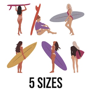 May include: Illustration of six figures with surfboards in various poses. The figures are in swimsuits and holding surfboards in shades of red, orange, yellow, purple, and grey. The text "5 SIZES" is at the bottom.
