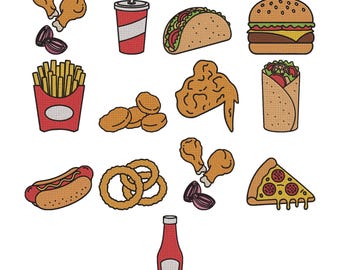 Design de Bordado de Fast Food - Design de Bordado para Amantes da Comida - Garrafa de Ketchup, Cachorro-Quente, Taco, Batata Frita, Pizza - Arquivos de Bordado à Máquina - 8 Tamanhos