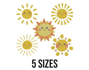 Cute Smiley Sun Bundle Embroidery Design - Sun Embroidery Design - Cute Smiley Sun with Rays Machine Embroidery Design Files - 6 Sizes