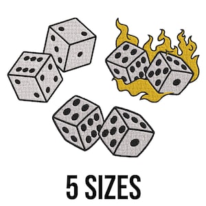 May include: An image showing embroidered dice in different arrangements, some with flames. The text "5 SIZES" is displayed in a bold, black font at the bottom. The dice are grey with black dots, suitable for various craft projects.