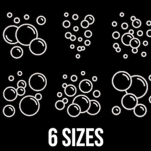 May include: A black background with six different arrangements of white outline bubbles. The text "6 SIZES" is displayed in white, bold font at the bottom of the image. The bubbles vary in size and grouping.