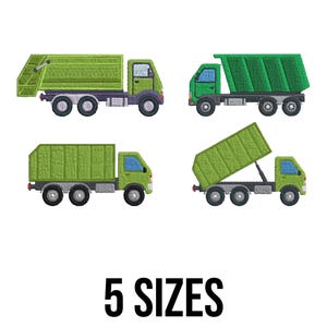 Puede incluir: Cuatro bordados de camiones de basura verdes en diferentes posiciones, con ruedas negras y cabina verde. El texto "5 SIZES" se muestra en negro, indicando la disponibilidad en múltiples tamaños.