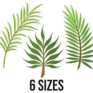 May include: Three green palm leaf embroidery designs, each with a different shape and style. The designs are perfect for adding a tropical touch to any project. 6 sizes are available.