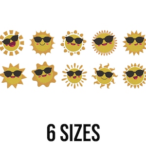 May include: A collection of yellow sun designs, each wearing black sunglasses and smiling. The suns have various ray patterns. The text "6 SIZES" is displayed in black at the bottom of the image. These designs are suitable for embroidery or digital art.