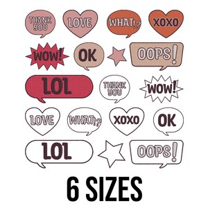 May include: A collection of speech bubble and heart-shaped graphics with text like "LOVE", "WOW!", "OK", and "XOXO". The graphics are in various colors, including red, pink, and brown, with a white background. The text "6 SIZES" is at the bottom.