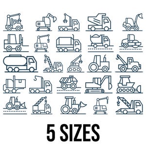 May include: A collection of line art illustrations of various construction vehicles, including trucks, excavators, and tractors. The text "5 SIZES" is displayed in bold, black font at the bottom of the image. The vehicles are in a dark teal color.