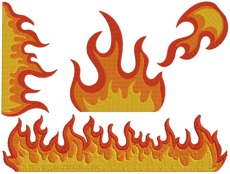 Peut inclure: Plusieurs motifs de flammes brod&eacute;es en rouge, orange et jaune. L'image pr&eacute;sente diff&eacute;rentes formes de flammes, dont une grande flamme centrale, une bordure de flammes et de plus petites flammes individuelles. Les motifs sont probablement destin&eacute;s &agrave; des &eacute;cussons ou des appliqu&eacute;s.