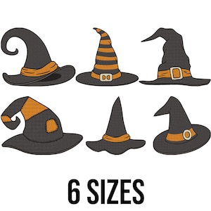 May include: Six different black witch hats with orange accents are displayed on a white background. The hats vary in style, with some featuring buckles, stripes, and patches. The text "6 SIZES" is printed in black at the bottom.