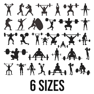 Peut inclure: Silhouettes noires de personnes pratiquant l'haltérophilie et des exercices. L'image présente des figures soulevant des haltères, des haltères et des kettlebells, ainsi que des poses de boxe. Le texte "6 SIZES" est en bas de l'image.