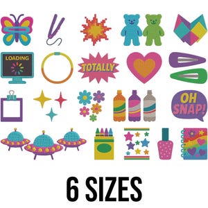 Pode incluir: Uma coleção de patches e adesivos bordados coloridos com vários designs. Inclui uma borboleta, uma corda de pular, uma explosão de estrelas, ursinhos de pelúcia, uma tela de computador, um coração, grampos de cabelo, garrafas e muito mais. O texto "6 SIZES" está na parte inferior.