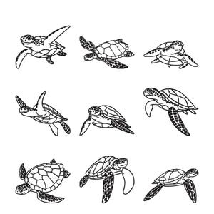 Puede incluir: Una colección de nueve ilustraciones en blanco y negro de tortugas marinas en varias posiciones de nado. Cada tortuga se muestra con patrones de caparazón y aletas detallados, organizadas en una cuadrícula de tres por tres sobre fondo blanco.