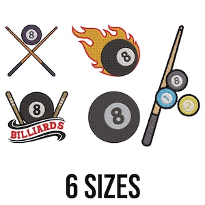 May include: A collection of embroidered billiard-themed designs, including crossed cues with an eight ball, a flaming eight ball, and a cue stick with balls. The word "BILLIARDS" is also featured. The text "6 SIZES" is displayed below the designs.
