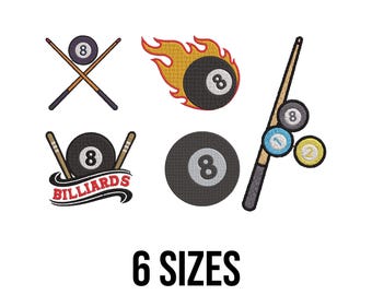 Diseño de bordado de billar - Diseño de bordado deportivo - Diseño de bordado de jugador de billar - Archivos de diseño de bordado a máquina de billar - 6 tamaños