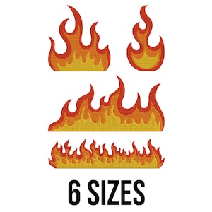 May include: Embroidered flame designs in various shapes and sizes, featuring shades of yellow, orange, and red. The image includes the text "6 SIZES" in black, indicating the availability of different sizes for these fiery motifs.