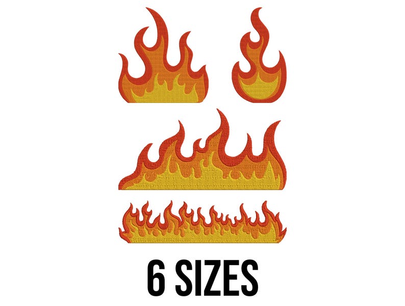 Peut inclure: Plusieurs motifs de flammes brod&eacute;es en jaune, orange et rouge. L'image pr&eacute;sente diff&eacute;rentes formes et tailles de flammes, avec le texte "6 SIZES" en noir. Ces motifs conviennent &agrave; divers projets d'artisanat et &agrave; la d&eacute;coration de v&ecirc;tements.