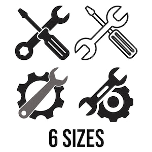 May include: Black and white illustrations of tools, including wrenches and screwdrivers, are displayed. Some tools are crossed, and others are paired with gears. The text "6 SIZES" is at the bottom.
