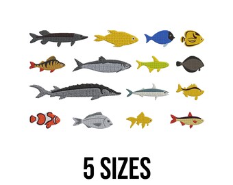 Diseño de bordado de paquete de peces - Diseño de bordado de peces lindos - Diseño de bordado de peces marinos - Archivos de diseño de bordado a máquina de peces - 5 tamaños