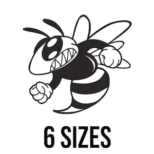 May include: Black and white cartoon illustration of a bee with a menacing expression. The bee has a striped abdomen and is in a fighting stance. The text "6 SIZES" is below the bee.