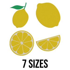 Könnte beinhalten: Vier gestickte Zitronenmotive in Gelb, darunter eine ganze Zitrone, eine Zitronenscheibe und zwei Zitronenhälften. Der Text "7 SIZES" befindet sich unter den Motiven.