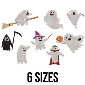 May include: Embroidered Halloween patches with ghost designs, including a ghost on a broom, a grim reaper, and a vampire. The patches are white with black and red accents. The text "6 SIZES" is displayed at the bottom.