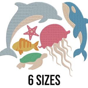 Sea Animals Bundle Embroidery Design - Cute Fish, Starfish, Jellyfish, Turtle, Whale and Dolphin Machine Embroidery Design Files - 6 Sizes