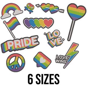 Könnte beinhalten: Eine Sammlung bunter Pride-Themen-Patches und -Aufkleber. Designs umfassen einen Regenbogen, eine Flagge, Herzen, ein Friedenszeichen, einen Blitz und die Worte "PRIDE" und "LOVE WINS". Der Text "6 SIZES" ist ebenfalls vorhanden.