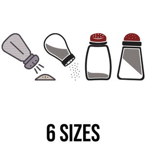 May include: Line art illustration of salt shakers in various stages of use. Two shakers are pouring salt, one with a pile of salt, and two shakers are upright. The text "6 SIZES" is at the bottom.
