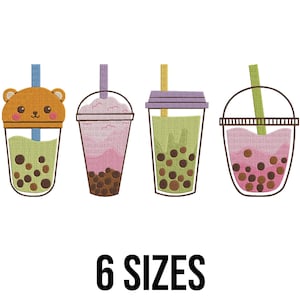 May include: An illustration of four colorful bubble tea drinks with straws. One has a bear-shaped lid, and the others have lids or open tops. The drinks are green, pink, and purple with brown and pink tapioca pearls. The text "6 SIZES" is at the bottom.
