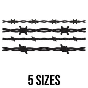 Könnte beinhalten: Schwarzes Stacheldrahtdesign in fünf Größen, horizontal vor weißem Hintergrund angeordnet. Der Text "5 GRÖSSEN" wird in fetter, schwarzer Schrift unter dem Stacheldraht angezeigt.