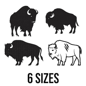 May include: Four bison illustrations in black and white. Three are solid black silhouettes, and one is a white outline. The text "6 SIZES" is displayed in bold, black font below the illustrations. The bison are depicted in various poses.