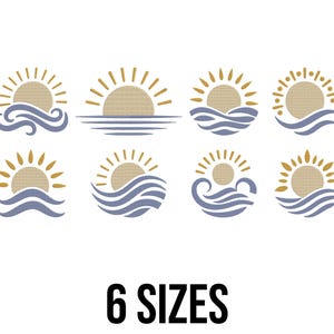 Op de afbeelding: Een verzameling van acht zon- en golfontwerpen in goud, beige en blauw. De zonnen hebben stralen en de golven zijn gestileerd. De tekst "6 SIZES" staat in het zwart onderaan.