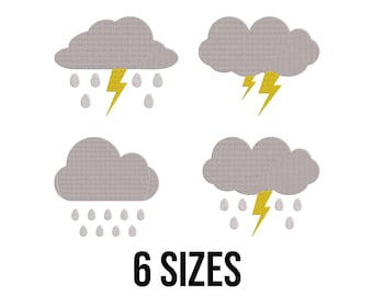 Rainy Cloud and Thunderstorm Embroidery Design - Cloud and Thunder Embroidery Design - Rain Clouds Machine Embroidery Design Files - 6 Sizes